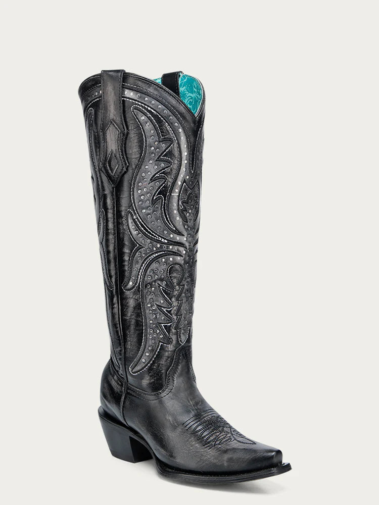 A4943 - WOMEN'S BLACK EMBROIDERY OVERLAY AND ENCAPSULATED STUDS TALL TOP SNIP TOE COWBOY BOOT