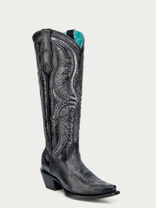 A4943 - WOMEN'S BLACK EMBROIDERY OVERLAY AND ENCAPSULATED STUDS TALL TOP SNIP TOE COWBOY BOOT