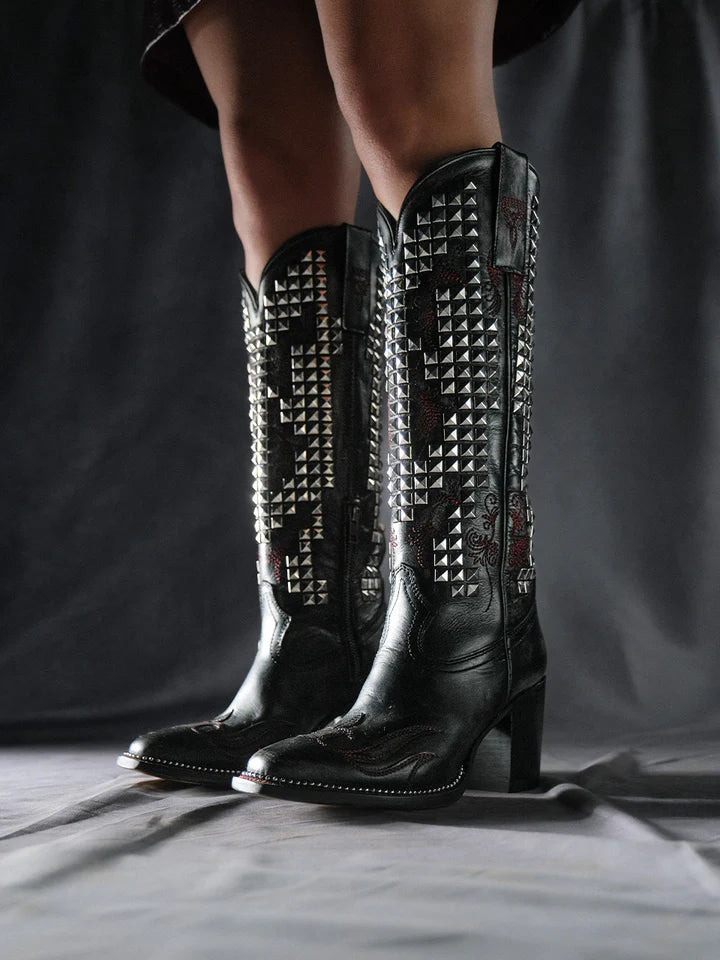 A4945 - WOMEN'S BONE OVERLAY EMBROIDERY AND STUDS BLACK NARROW SQUARE TOE TALL TOP COWBOY BOOT