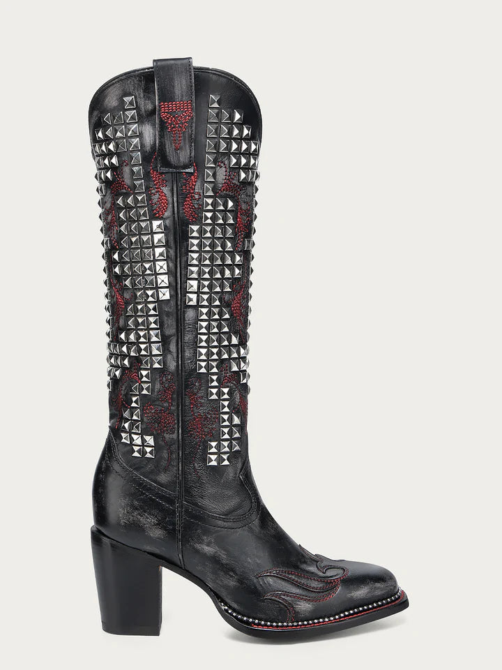 A4945 - WOMEN'S BONE OVERLAY EMBROIDERY AND STUDS BLACK NARROW SQUARE TOE TALL TOP COWBOY BOOT