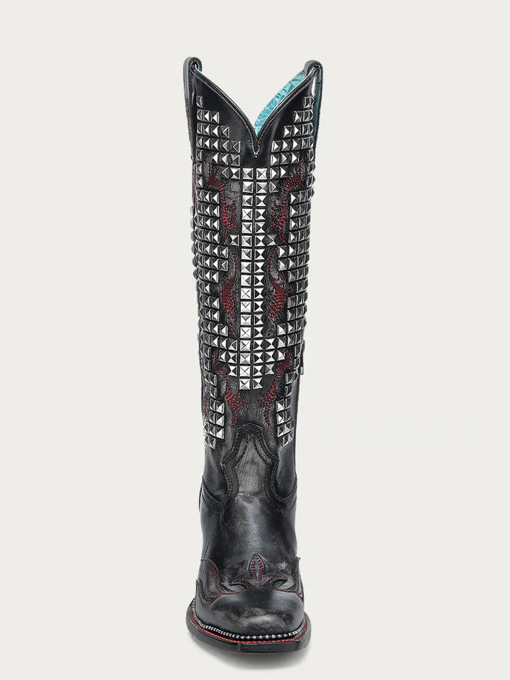 A4945 - WOMEN'S BONE OVERLAY EMBROIDERY AND STUDS BLACK NARROW SQUARE TOE TALL TOP COWBOY BOOT