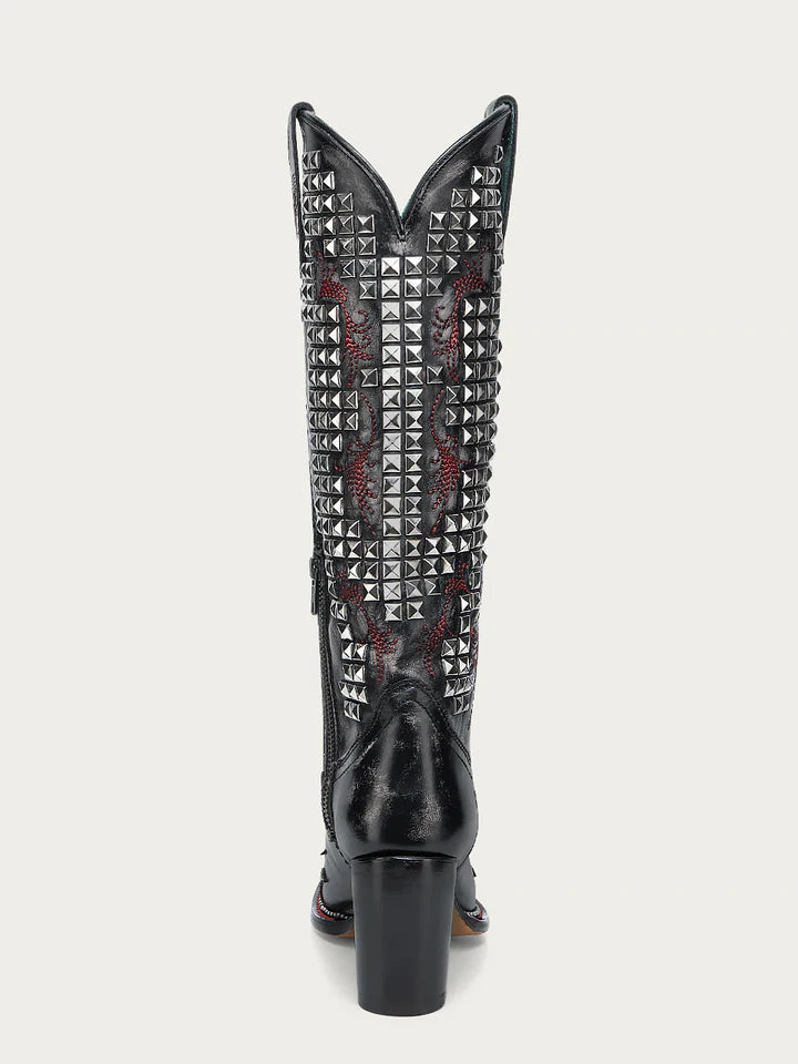 A4945 - WOMEN'S BONE OVERLAY EMBROIDERY AND STUDS BLACK NARROW SQUARE TOE TALL TOP COWBOY BOOT