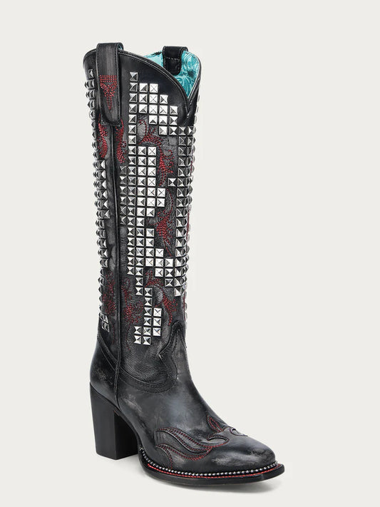 A4945 - WOMEN'S BONE OVERLAY EMBROIDERY AND STUDS BLACK NARROW SQUARE TOE TALL TOP COWBOY BOOT