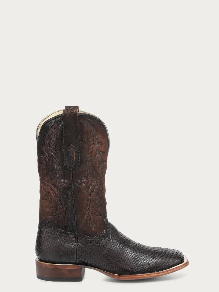 A4964 - MEN'S EMBROIDERY GENUINE BROWN PYTHON WIDE SQUARE TOE COWBOY BOOT No
