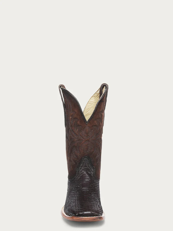 A4964 - MEN'S EMBROIDERY GENUINE BROWN PYTHON WIDE SQUARE TOE COWBOY BOOT No