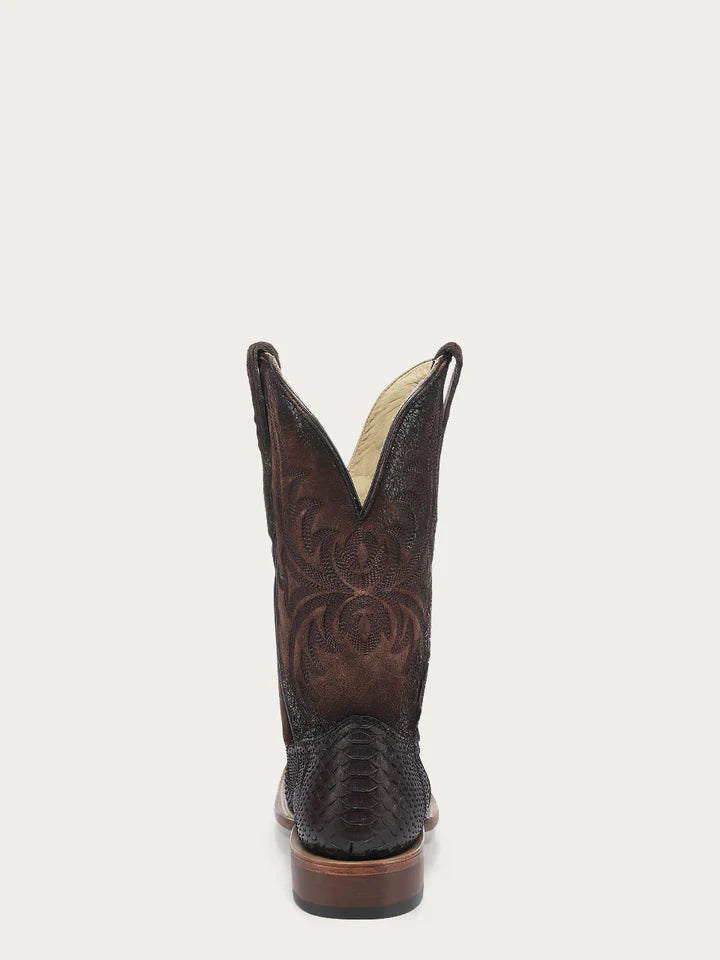 A4964 - MEN'S EMBROIDERY GENUINE BROWN PYTHON WIDE SQUARE TOE COWBOY BOOT No