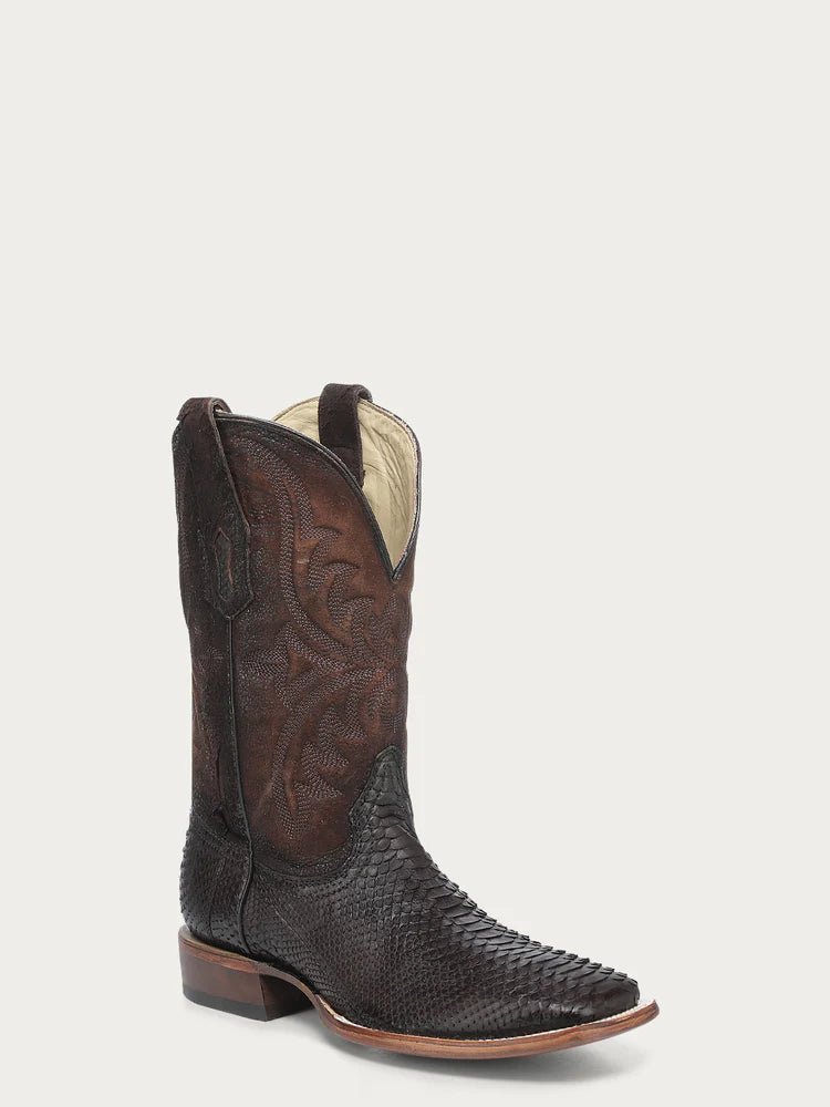 A4964 - MEN'S EMBROIDERY GENUINE BROWN PYTHON WIDE SQUARE TOE COWBOY BOOT No