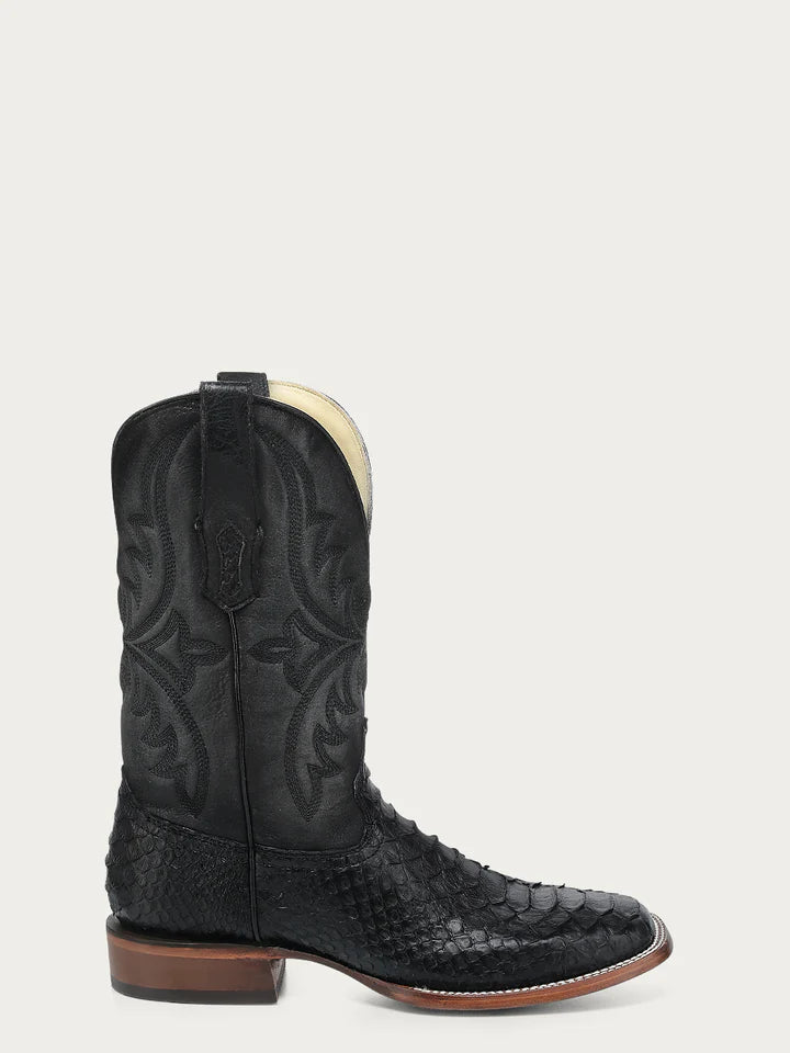 A4965 - MEN'S EMBROIDERY GENUINE BLACK PYTHON WIDE SQUARE TOE COWBOY BOOT