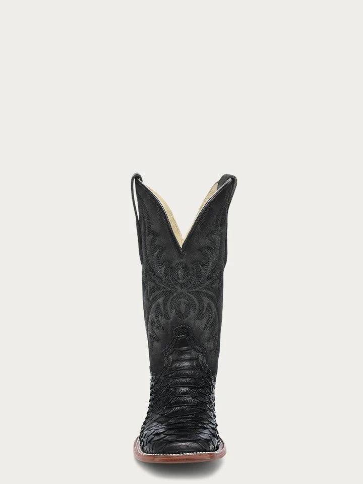 A4965 - MEN'S EMBROIDERY GENUINE BLACK PYTHON WIDE SQUARE TOE COWBOY BOOT