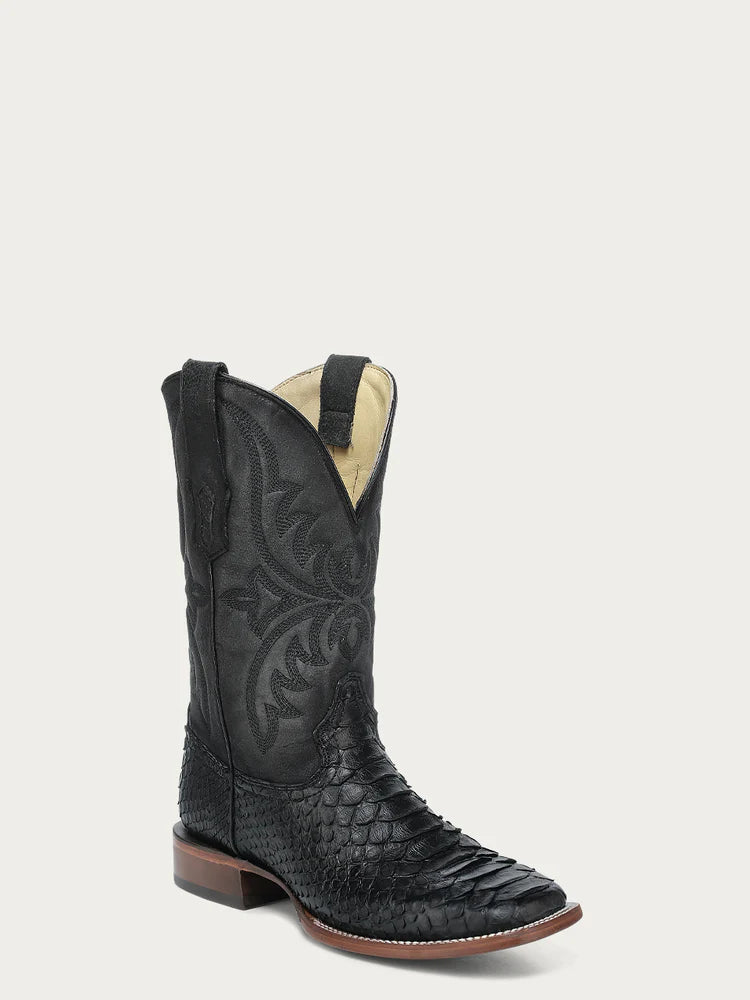 A4965 - MEN'S EMBROIDERY GENUINE BLACK PYTHON WIDE SQUARE TOE COWBOY BOOT