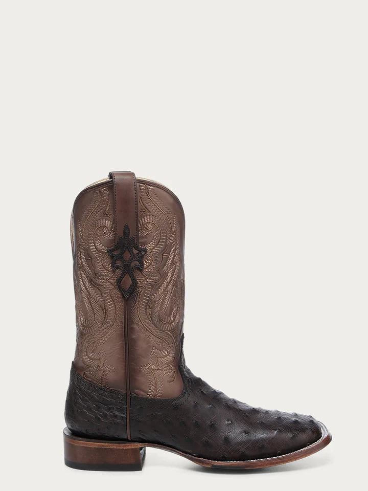 A4973 - MEN'S EMBROIDERY AND OSTRICH BROWN WIDE SQUARE TOE COWBOY BOOT LEATHER SOLE WITH RUBBER INSERT