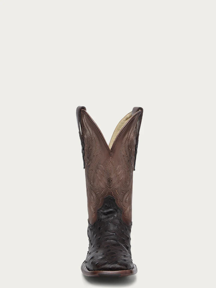 A4973 - MEN'S EMBROIDERY AND OSTRICH BROWN WIDE SQUARE TOE COWBOY BOOT LEATHER SOLE WITH RUBBER INSERT