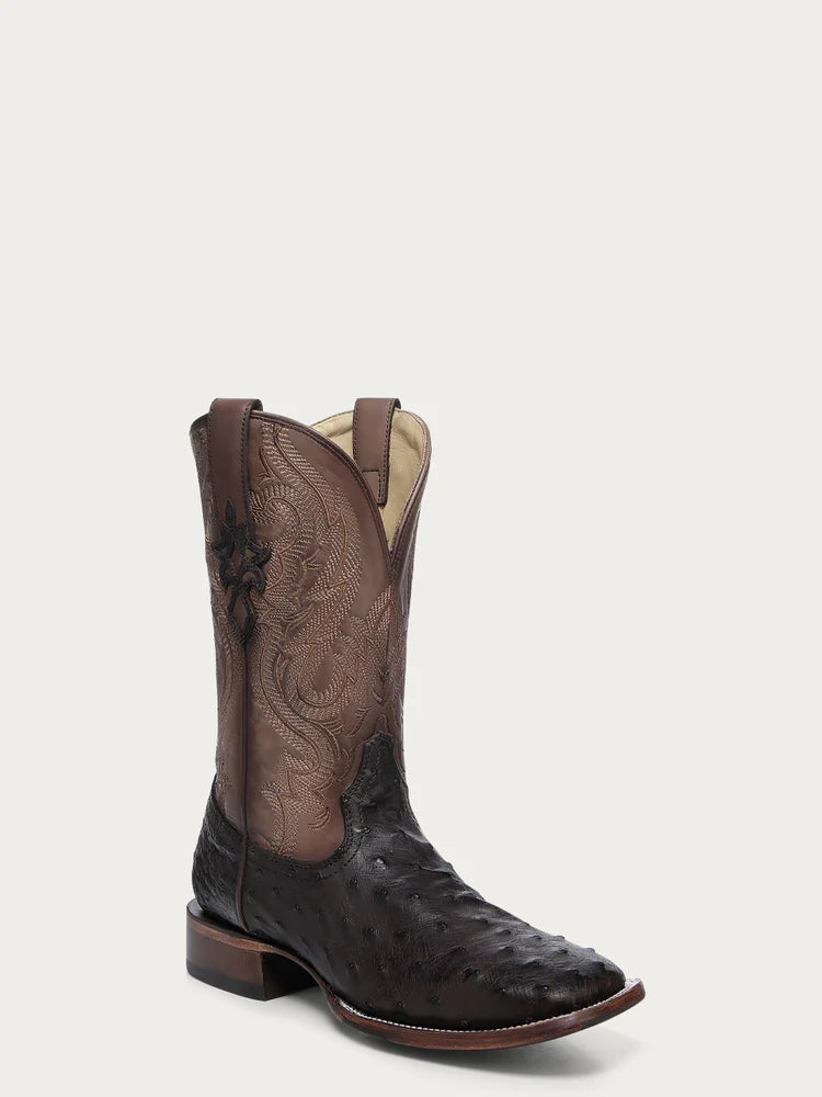 A4973 - MEN'S EMBROIDERY AND OSTRICH BROWN WIDE SQUARE TOE COWBOY BOOT LEATHER SOLE WITH RUBBER INSERT
