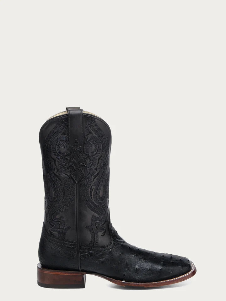 A4974 - MEN'S EMBROIDERY AND OSTRICH BLACK WIDE SQUARE TOE COWBOY BOOT