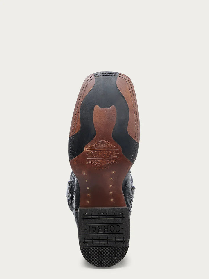 A4974 - MEN'S EMBROIDERY AND OSTRICH BLACK WIDE SQUARE TOE COWBOY BOOT