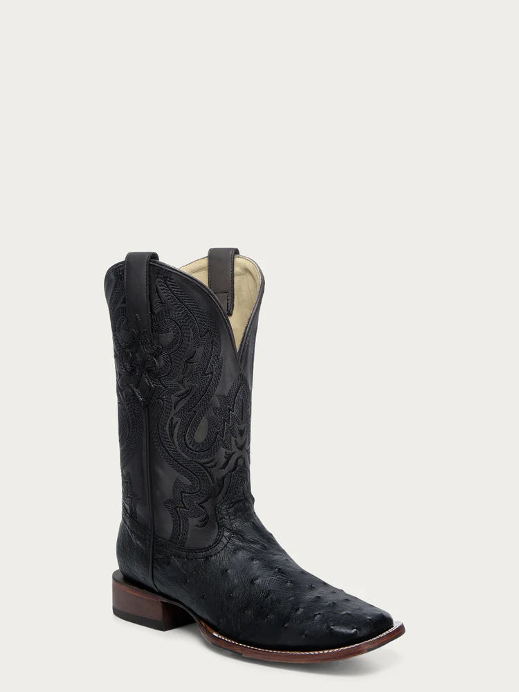 A4974 - MEN'S EMBROIDERY AND OSTRICH BLACK WIDE SQUARE TOE COWBOY BOOT
