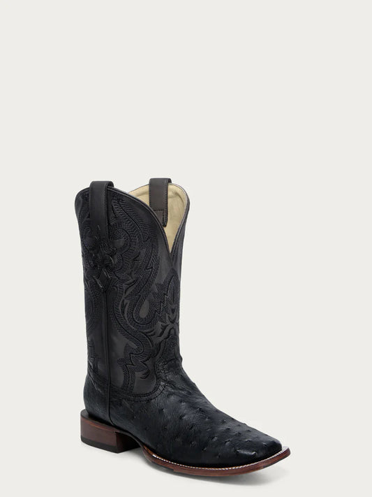 A4974 - MEN'S EMBROIDERY AND OSTRICH BLACK WIDE SQUARE TOE COWBOY BOOT