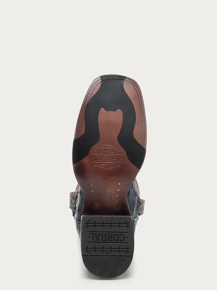 A4975 - MEN'S BROWN EMBROIDERY NAVY BLUE OSTRICH WIDE SQUARE TOE COWBOY BOOT WITH LEATHER SOLE AND RUBBER INSERT