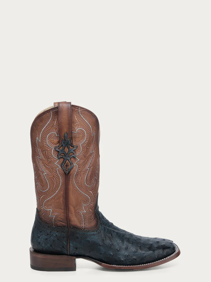 A4975 - MEN'S BROWN EMBROIDERY NAVY BLUE OSTRICH WIDE SQUARE TOE COWBOY BOOT WITH LEATHER SOLE AND RUBBER INSERT