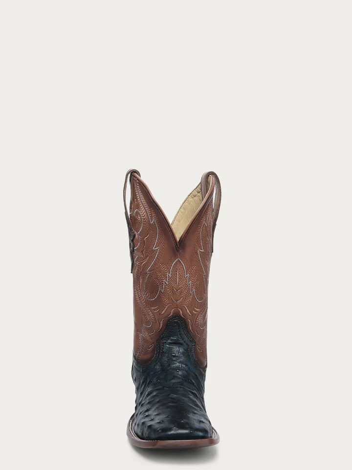 A4975 - MEN'S BROWN EMBROIDERY NAVY BLUE OSTRICH WIDE SQUARE TOE COWBOY BOOT WITH LEATHER SOLE AND RUBBER INSERT