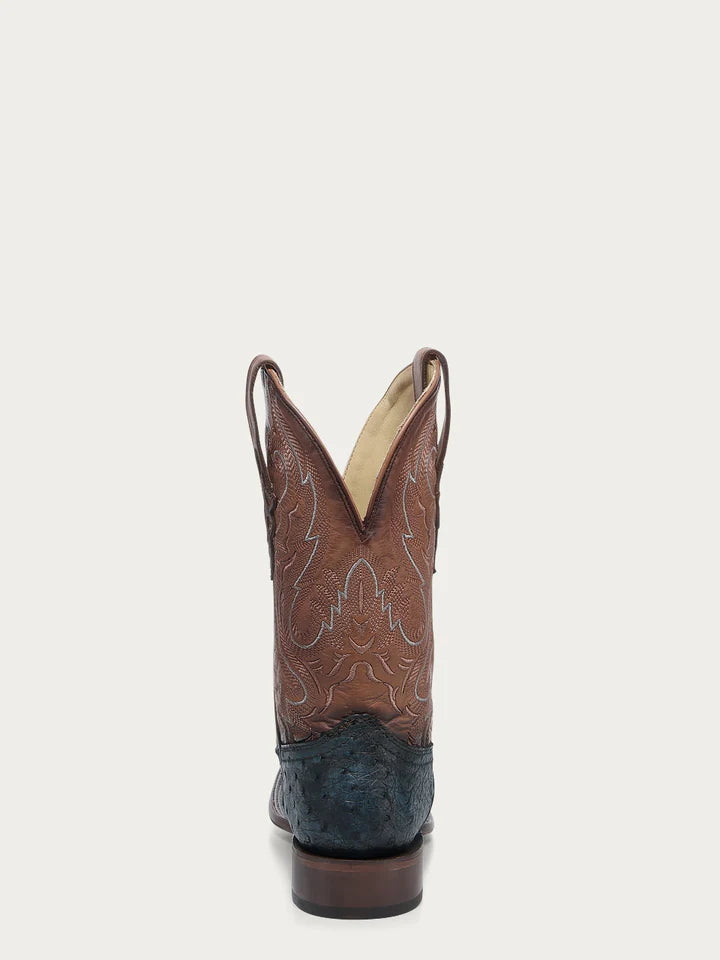 A4975 - MEN'S BROWN EMBROIDERY NAVY BLUE OSTRICH WIDE SQUARE TOE COWBOY BOOT WITH LEATHER SOLE AND RUBBER INSERT