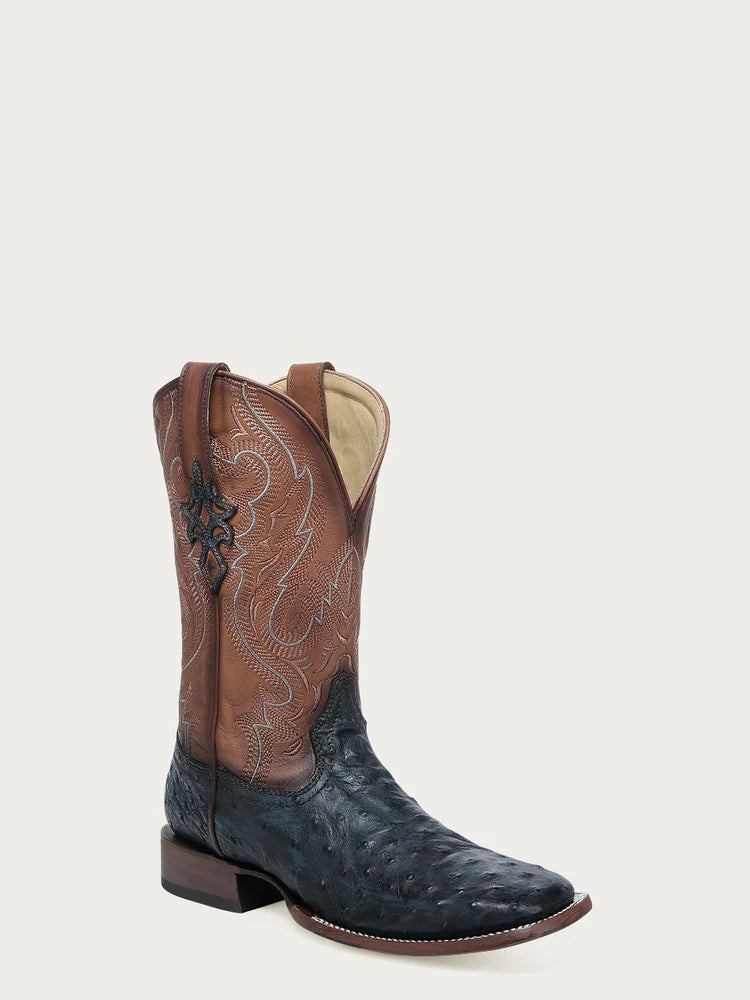 A4975 - MEN'S BROWN EMBROIDERY NAVY BLUE OSTRICH WIDE SQUARE TOE COWBOY BOOT WITH LEATHER SOLE AND RUBBER INSERT