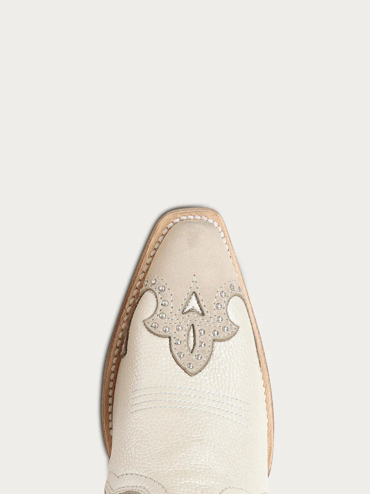 A5069 - WOMEN'S BONE HORSESHOE OVERLAY EMBROIDERY AND HANDWOVEN SNIP TOE COWBOY BOOT