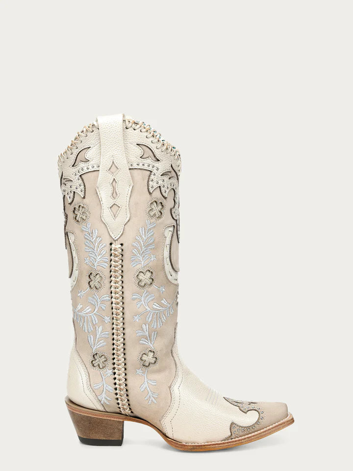 A5069 - WOMEN'S BONE HORSESHOE OVERLAY EMBROIDERY AND HANDWOVEN SNIP TOE COWBOY BOOT