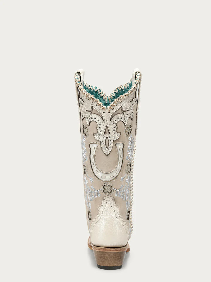 A5069 - WOMEN'S BONE HORSESHOE OVERLAY EMBROIDERY AND HANDWOVEN SNIP TOE COWBOY BOOT