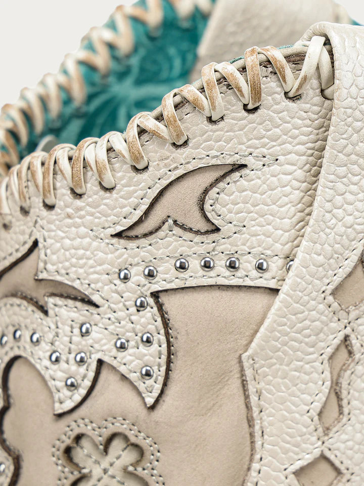 A5069 - WOMEN'S BONE HORSESHOE OVERLAY EMBROIDERY AND HANDWOVEN SNIP TOE COWBOY BOOT
