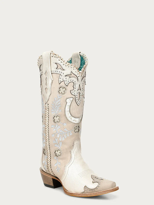 A5069 - WOMEN'S BONE HORSESHOE OVERLAY EMBROIDERY AND HANDWOVEN SNIP TOE COWBOY BOOT