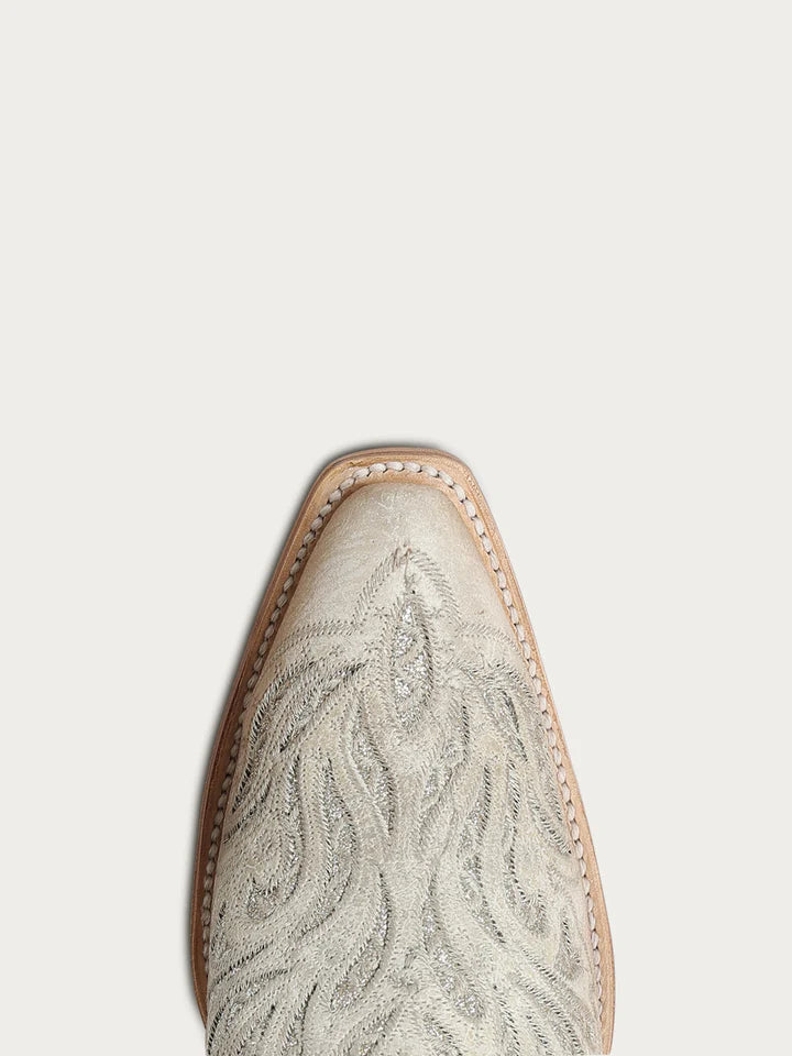 A5096 - WOMEN'S WHITE GLITTER INLAY AND EMBROIDERY SNIP TOE COWBOY BOOT