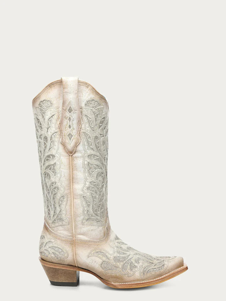 A5096 - WOMEN'S WHITE GLITTER INLAY AND EMBROIDERY SNIP TOE COWBOY BOOT