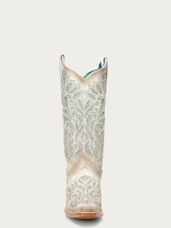 A5096 - WOMEN'S WHITE GLITTER INLAY AND EMBROIDERY SNIP TOE COWBOY BOOT