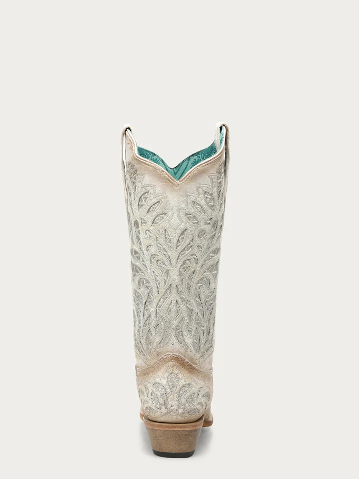A5096 - WOMEN'S WHITE GLITTER INLAY AND EMBROIDERY SNIP TOE COWBOY BOOT