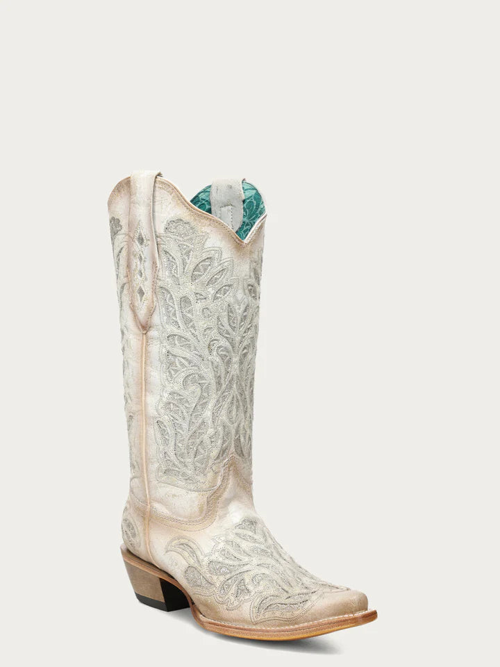 A5096 - WOMEN'S WHITE GLITTER INLAY AND EMBROIDERY SNIP TOE COWBOY BOOT