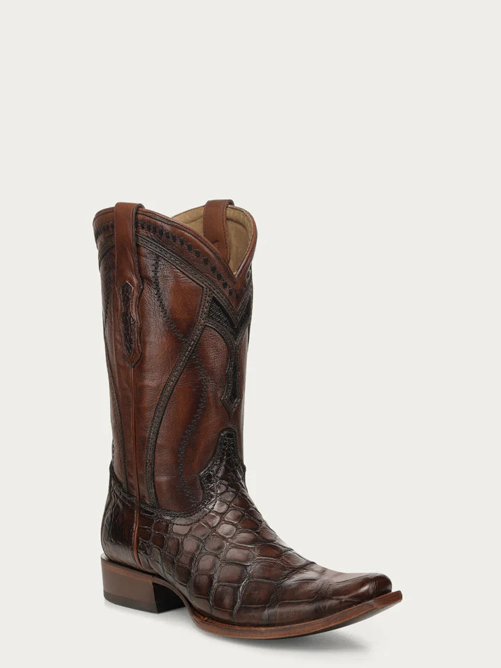 A5105 - MEN'S EMBROIDERY WOVEN AND INLAY HONEY ALLIGATOR NARROW SQUARE TOE COWBOY BOOT