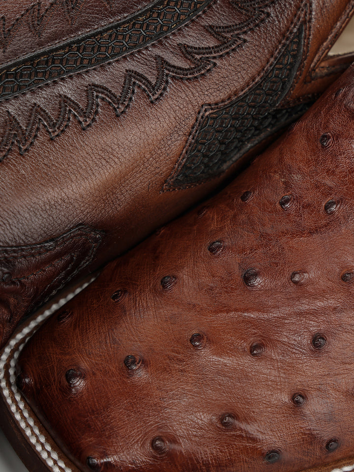 A5111 - MEN'S COGNAC OSTRICH INLAY AND EMBROIDERY WIDE SQ. TOE COWBOY BOOT