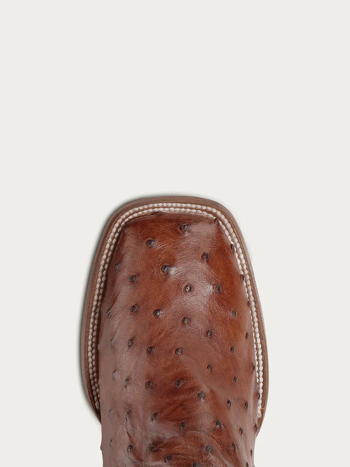 A5111 - MEN'S COGNAC OSTRICH INLAY AND EMBROIDERY WIDE SQ. TOE COWBOY BOOT