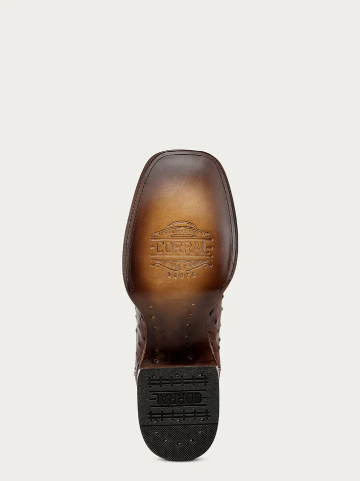 A5111 - MEN'S COGNAC OSTRICH INLAY AND EMBROIDERY WIDE SQ. TOE COWBOY BOOT