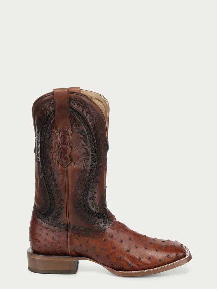 A5111 - MEN'S COGNAC OSTRICH INLAY AND EMBROIDERY WIDE SQ. TOE COWBOY BOOT