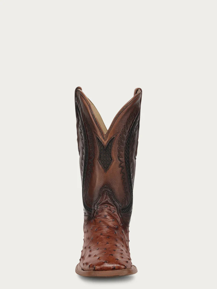 A5111 - MEN'S COGNAC OSTRICH INLAY AND EMBROIDERY WIDE SQ. TOE COWBOY BOOT