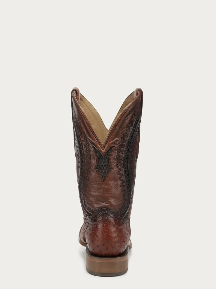 A5111 - MEN'S COGNAC OSTRICH INLAY AND EMBROIDERY WIDE SQ. TOE COWBOY BOOT