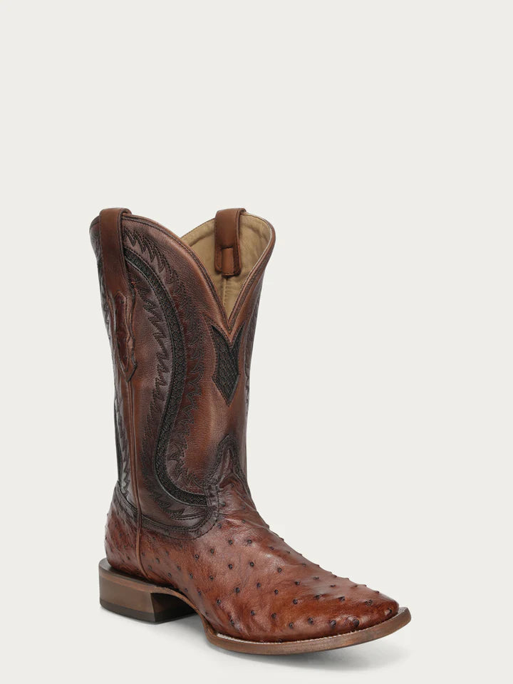 A5111 - MEN'S COGNAC OSTRICH INLAY AND EMBROIDERY WIDE SQ. TOE COWBOY BOOT