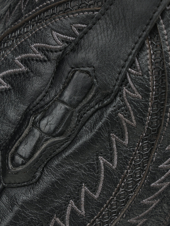 A5117 - MEN'S BLACK ALLIGATOR INLAY AND EMBROIDERY WIDE SQ. TOE COWBOY BOOT