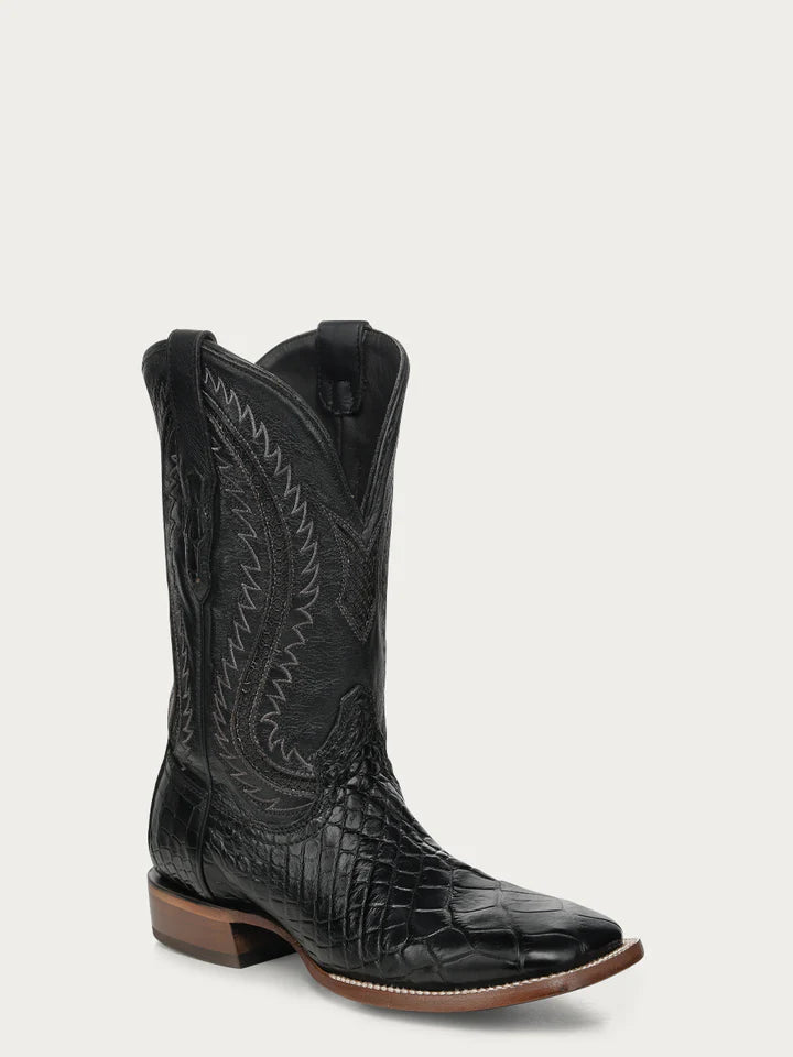 A5117 - MEN'S BLACK ALLIGATOR INLAY AND EMBROIDERY WIDE SQ. TOE COWBOY BOOT