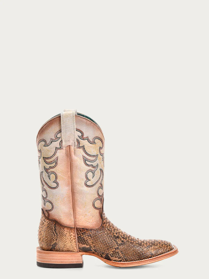 B5007 - WOMEN'S EMBROIDERY GENUINE TAUPE-BEIGE PYTHON VAMP WIDE SQUARE TOE COWBOY BOOTS