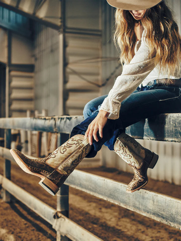 B5007 - WOMEN'S EMBROIDERY GENUINE TAUPE-BEIGE PYTHON VAMP WIDE SQUARE TOE COWBOY BOOTS