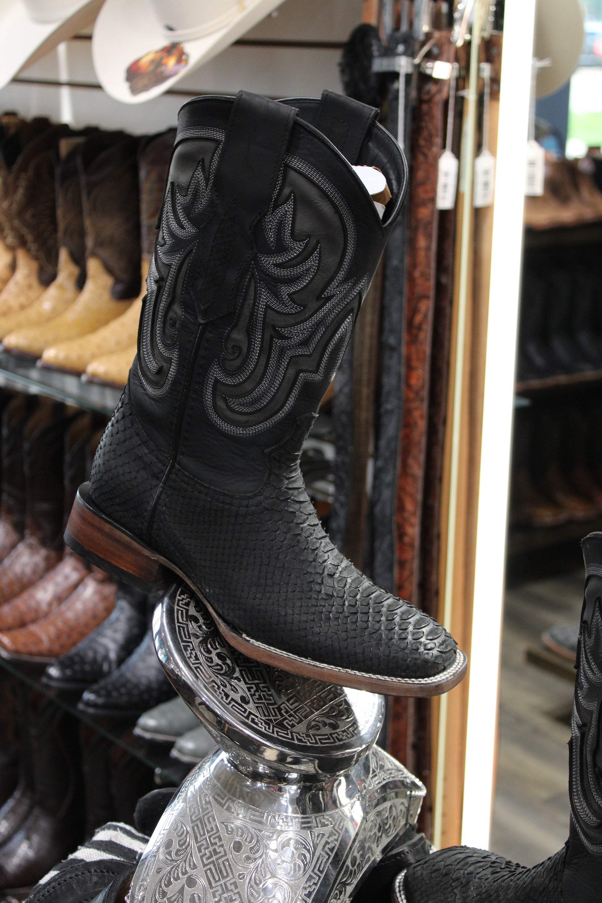 Exotic Python Square Toe Cowboy Boot - Negro Nobuck – Segura Western Wear