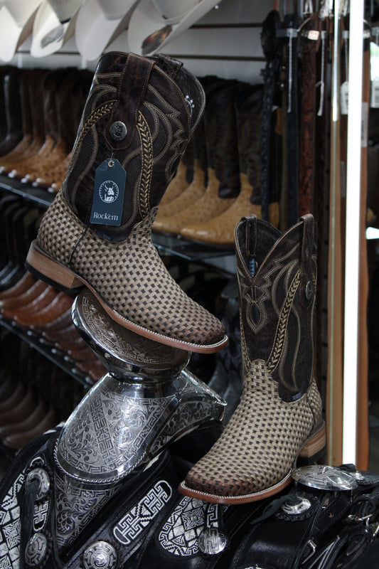 Tejido Tabaco Choco Acabado Natural Square Toe Cowboy Boot